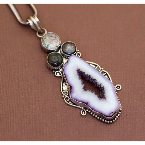 Vintage Sterling Silver Crystal Purple Aurora Intricate Necklace 18 Inch - U15 - Picture 1 of 4